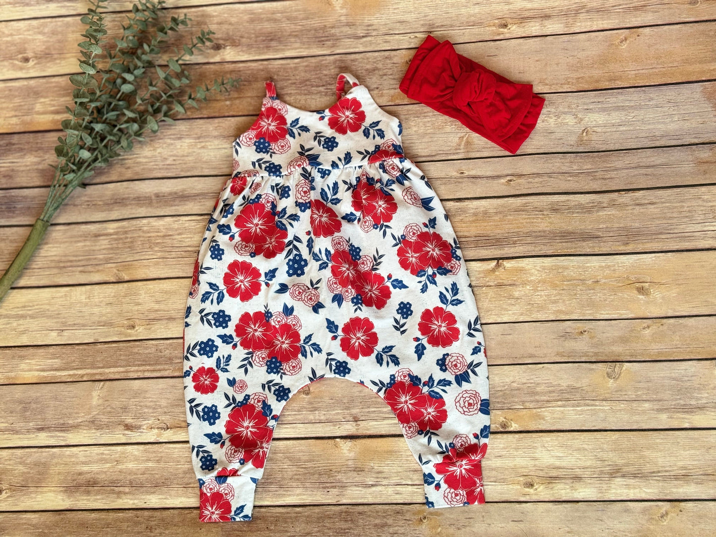 Baby Girl Floral Romper: Red White Blue Jumpsuit, 3 Month