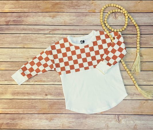 Checkered Baby Pullover: Brown & Ivory Long Sleeve Tee