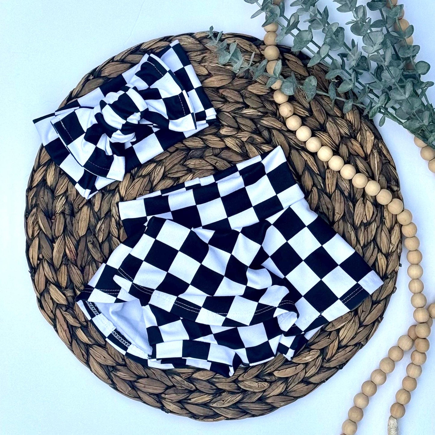 Race Flag Baby Bummies and Bow Set: Checker Shorties