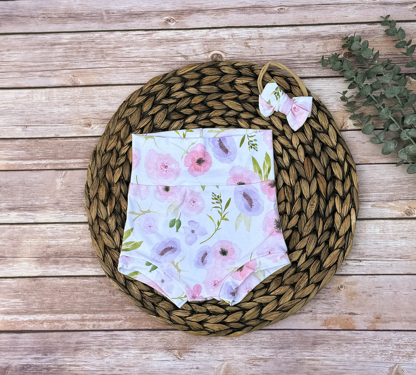 Floral Baby Bummies with Headband: Handmade Cotton Lycra Shorties
