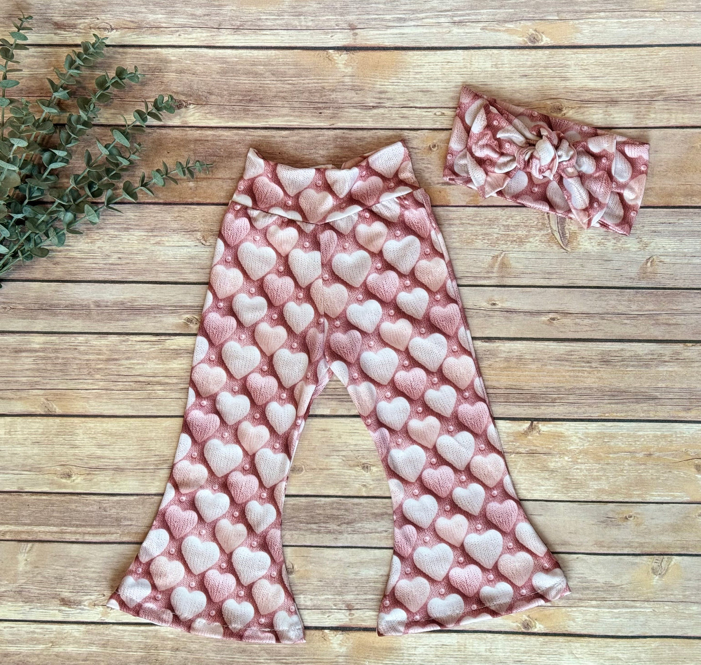 Valentine's Day Flared Leggings: Pink Heart Bell Bottom Pants