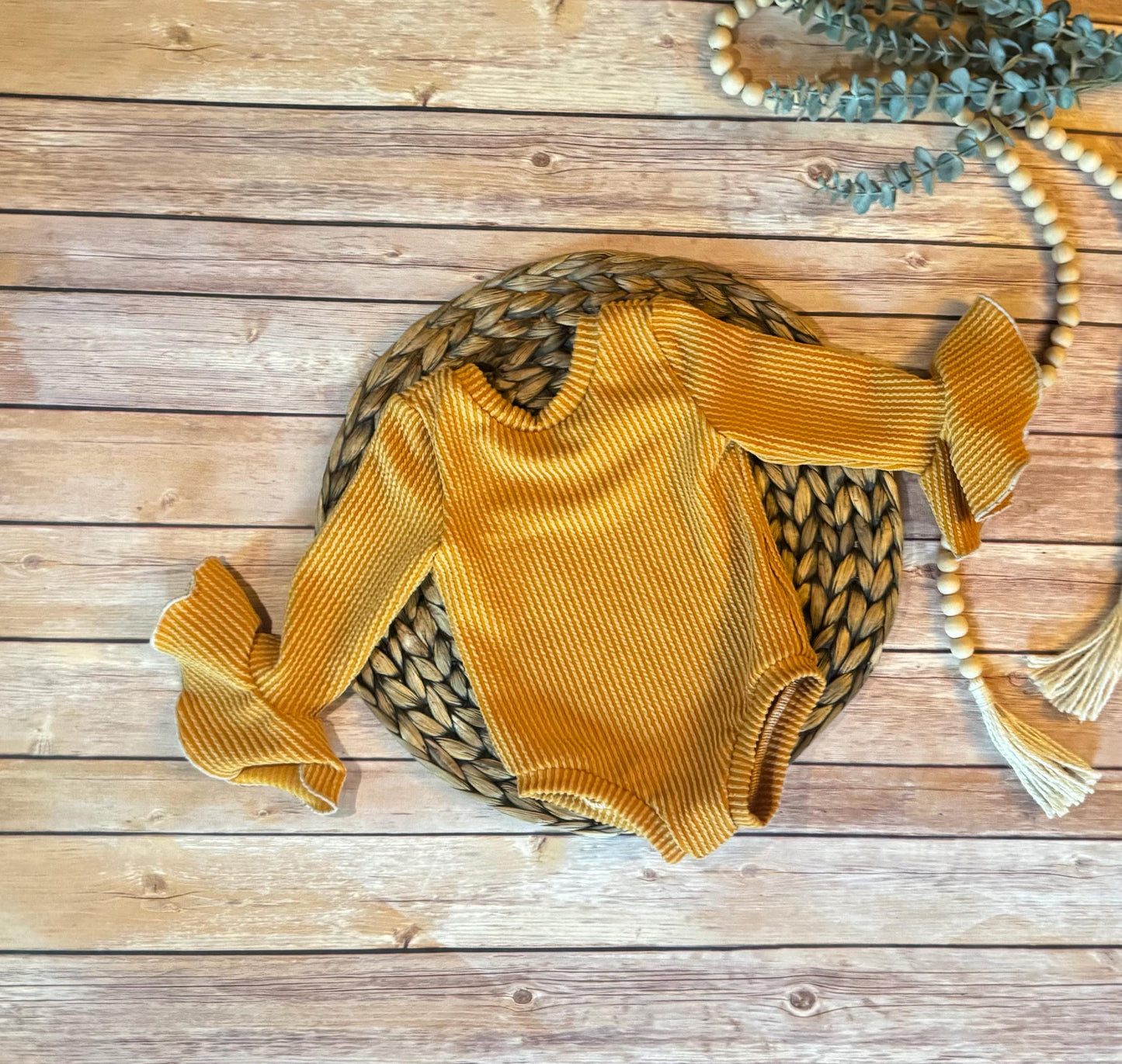 Golden Ribbed Ruffle Sleeve Baby Bodysuit: Boho Fall Outfit