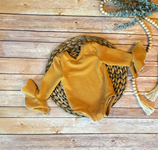 Golden Ribbed Ruffle Sleeve Baby Bodysuit: Boho Fall Outfit
