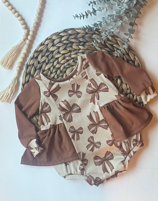 Football Baby Girl Outfit, Baby Girl Football Romper, Game Day Baby Clothes, Fall Ruffle Romper,  Football Bow Baby Bodysuit