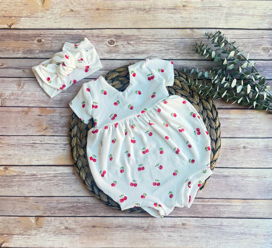 She’s the Cherry on top, Cherry Bubble Romper: Rib Knit One-Piece Jumpsuit