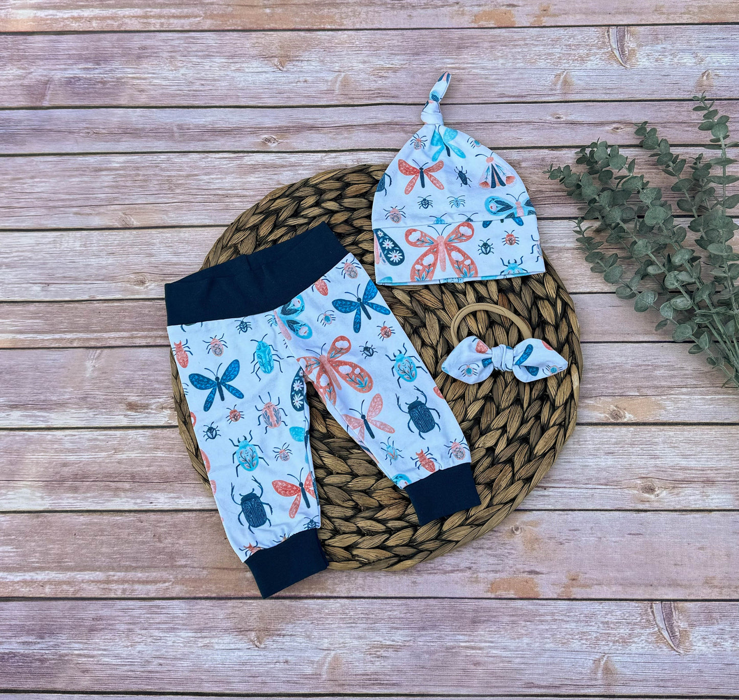 Butterfly Baby Leggings Set: Teal Trim, Newborn Outfit