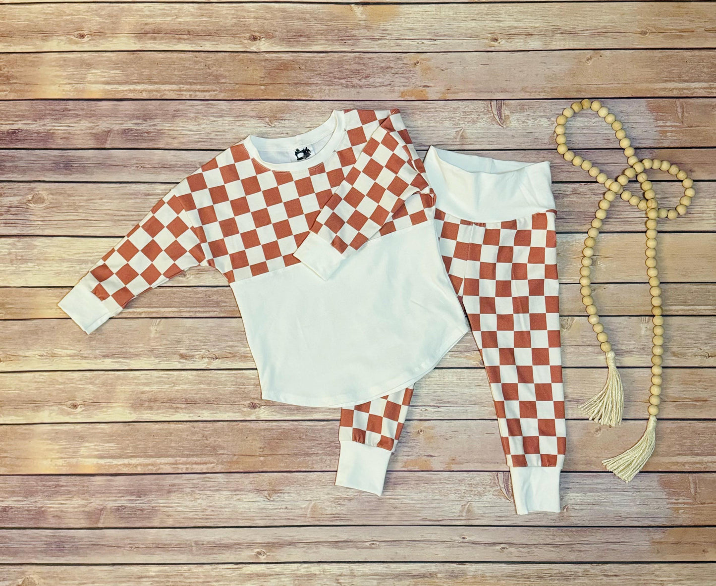 Checkered Baby Pullover: Brown & Ivory Long Sleeve Tee