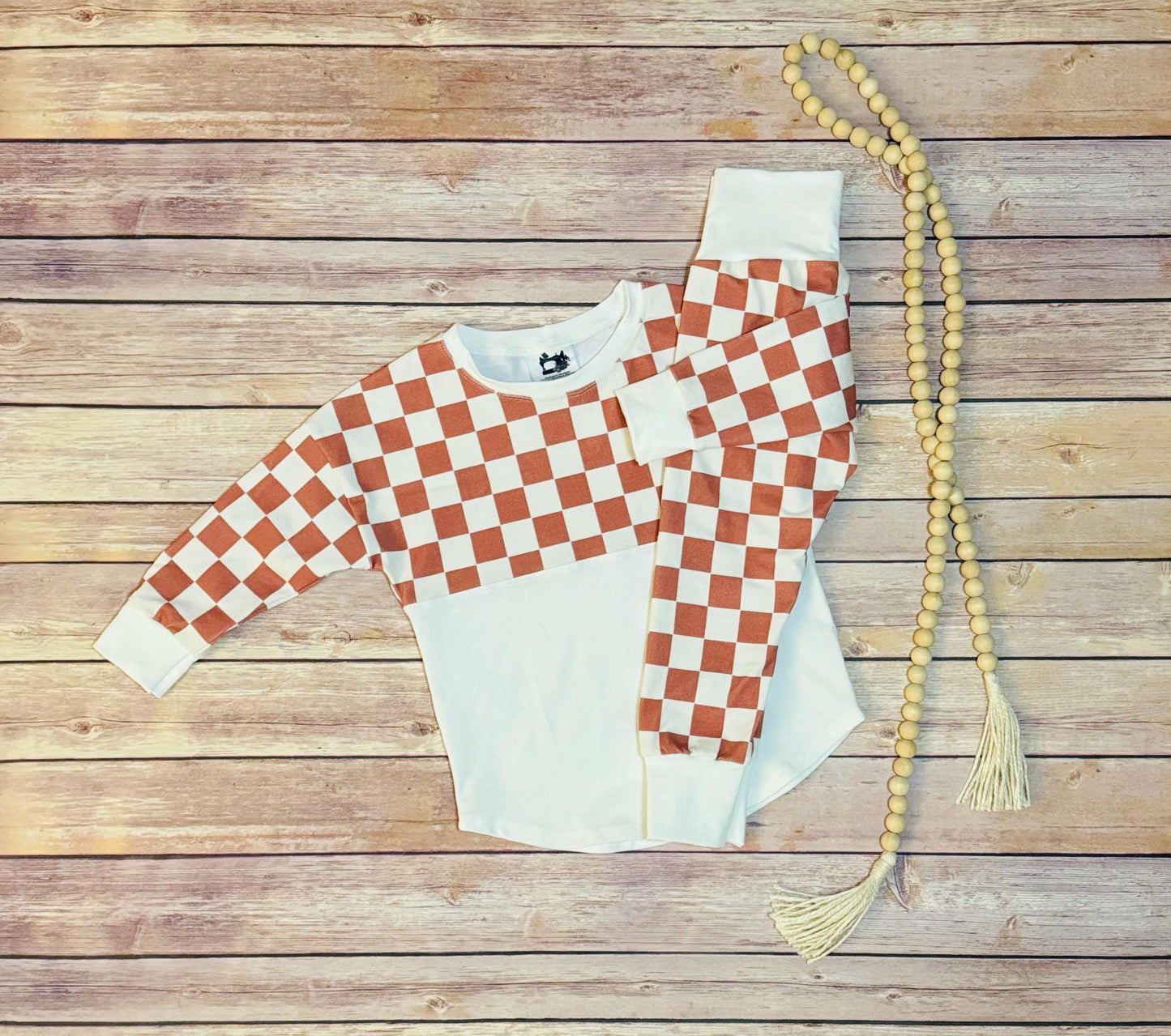 Checkered Baby Pullover: Brown & Ivory Long Sleeve Tee