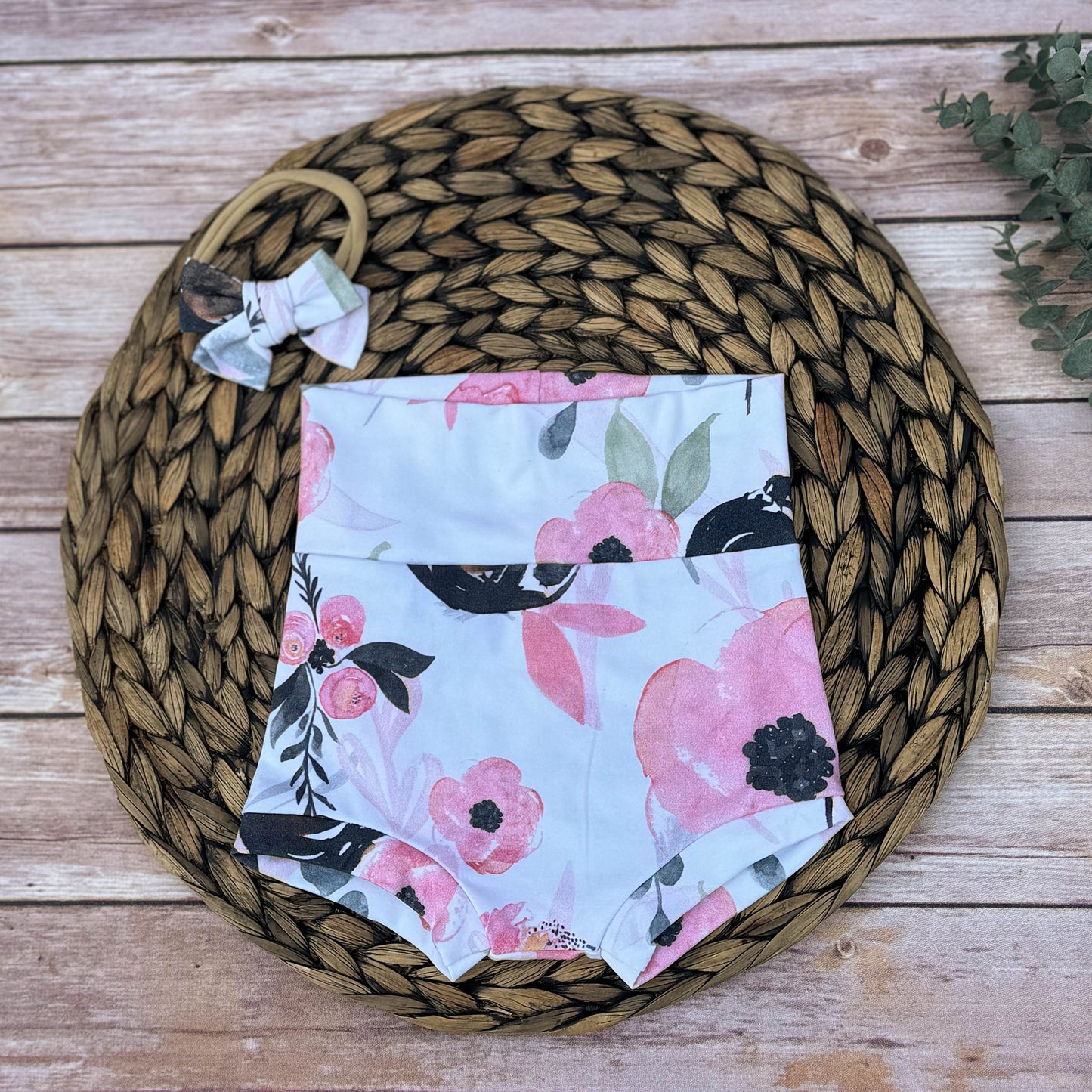 Baby Girl Bummies Set: Pink Poppy Diaper Cover, Headband Bow