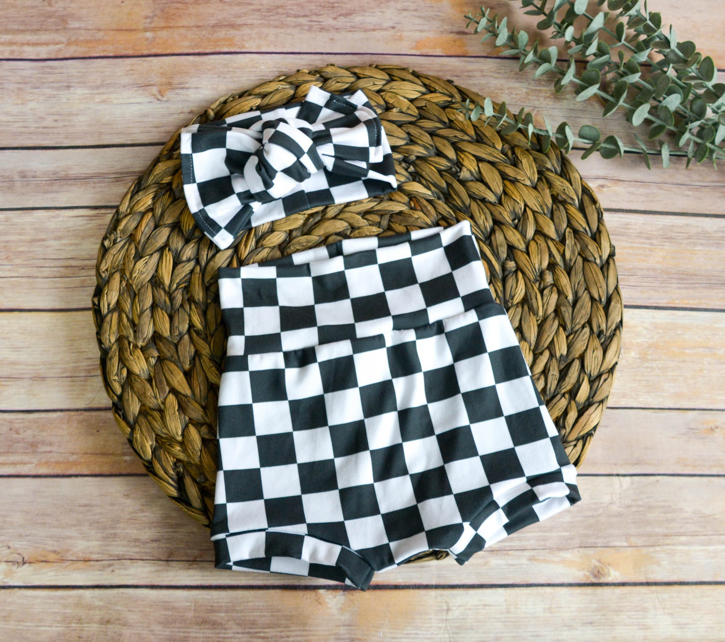 Race Flag Baby Bummies and Bow Set: Checker Shorties