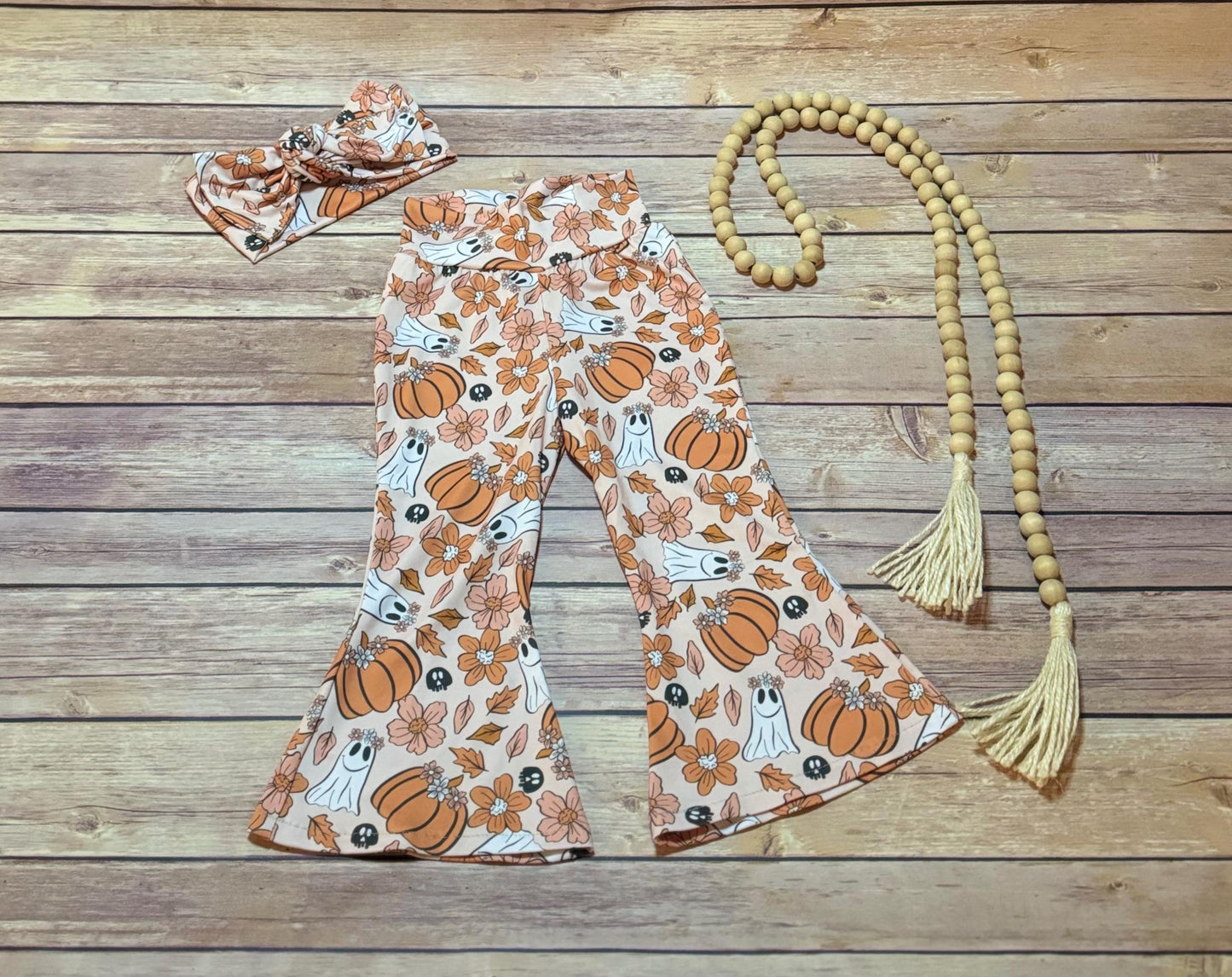 Girls Fall Bell Bottoms: Pumpkin Ghost Floral Flared Leggings