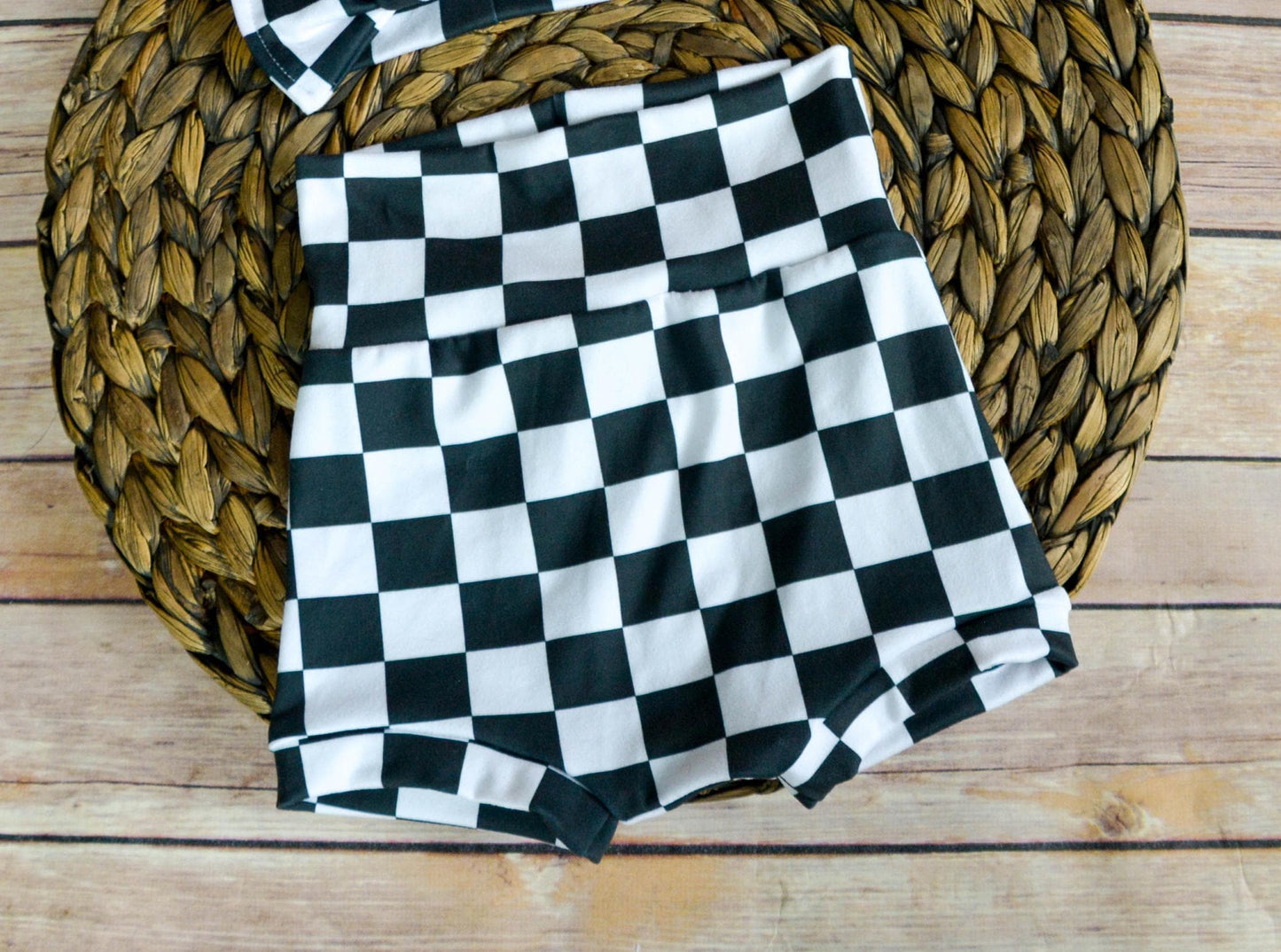 Race Flag Baby Bummies and Bow Set: Checker Shorties