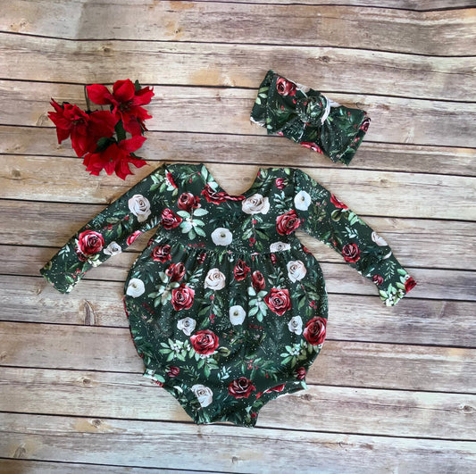 Holiday Floral Bubble Romper: Long Sleeve Christmas Jumpsuit
