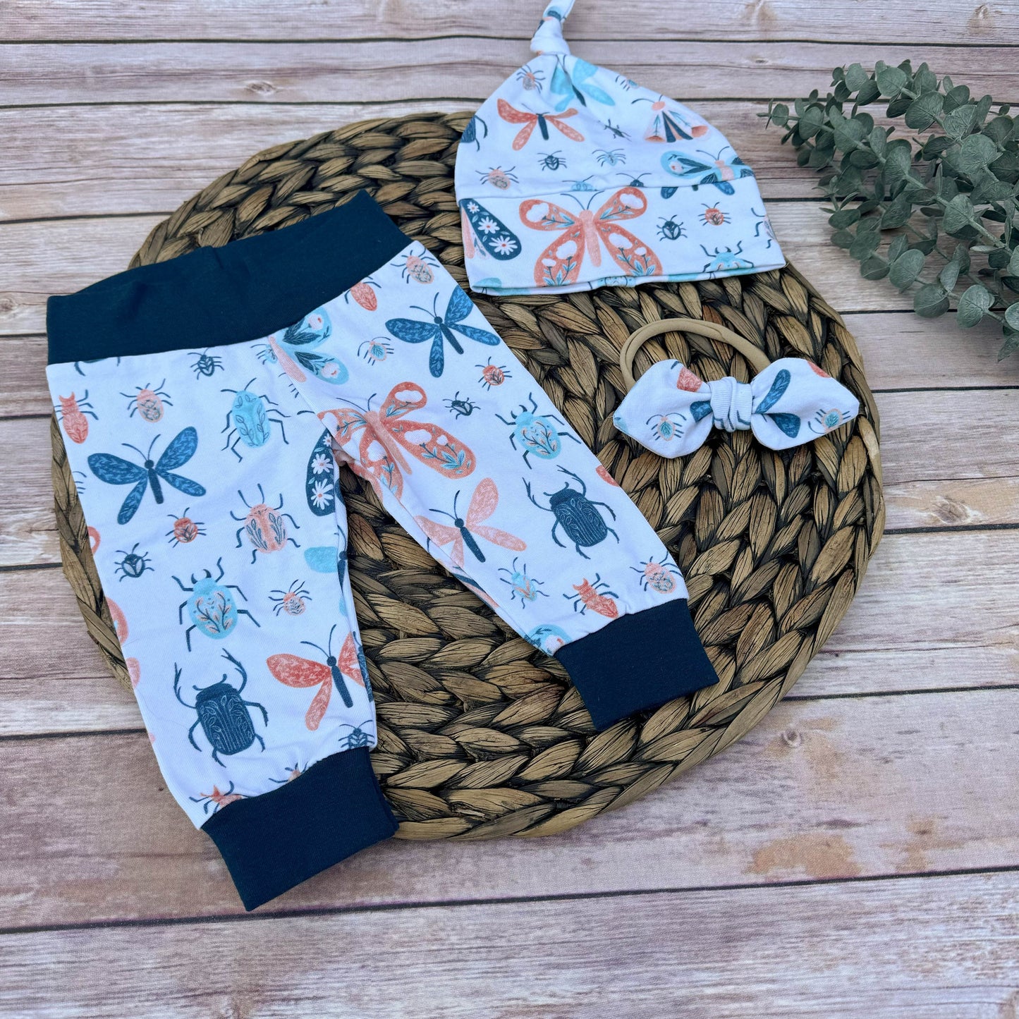 Butterfly Baby Leggings Set: Teal Trim, Newborn Outfit