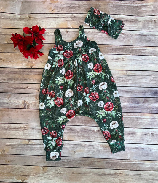 Floral Baby Romper, Red & White Roses, holiday floral Jumpsuit, one piece outfit