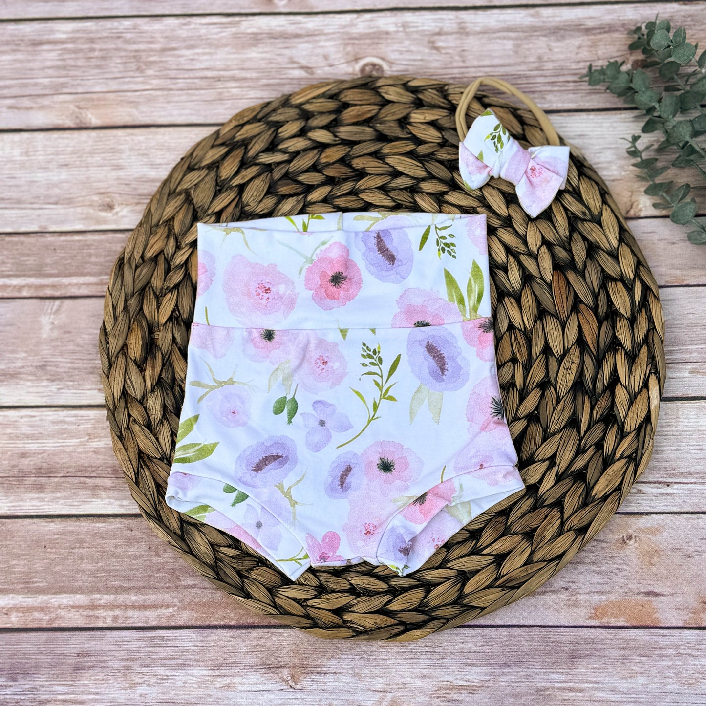 Floral Baby Bummies with Headband: Handmade Cotton Lycra Shorties