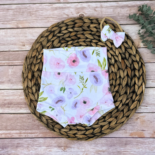 Floral Baby Bummies with Headband: Handmade Cotton Lycra Shorties