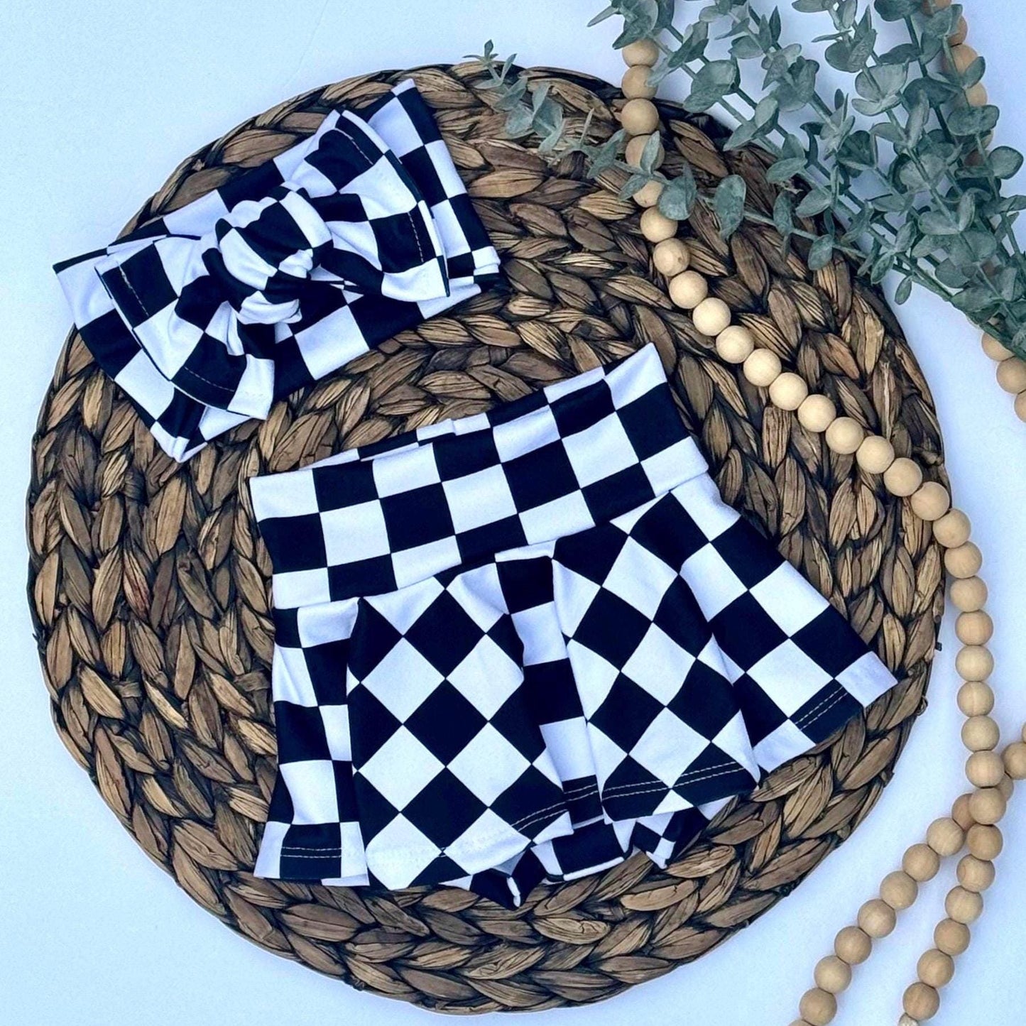Race Flag Baby Bummies and Bow Set: Checker Shorties