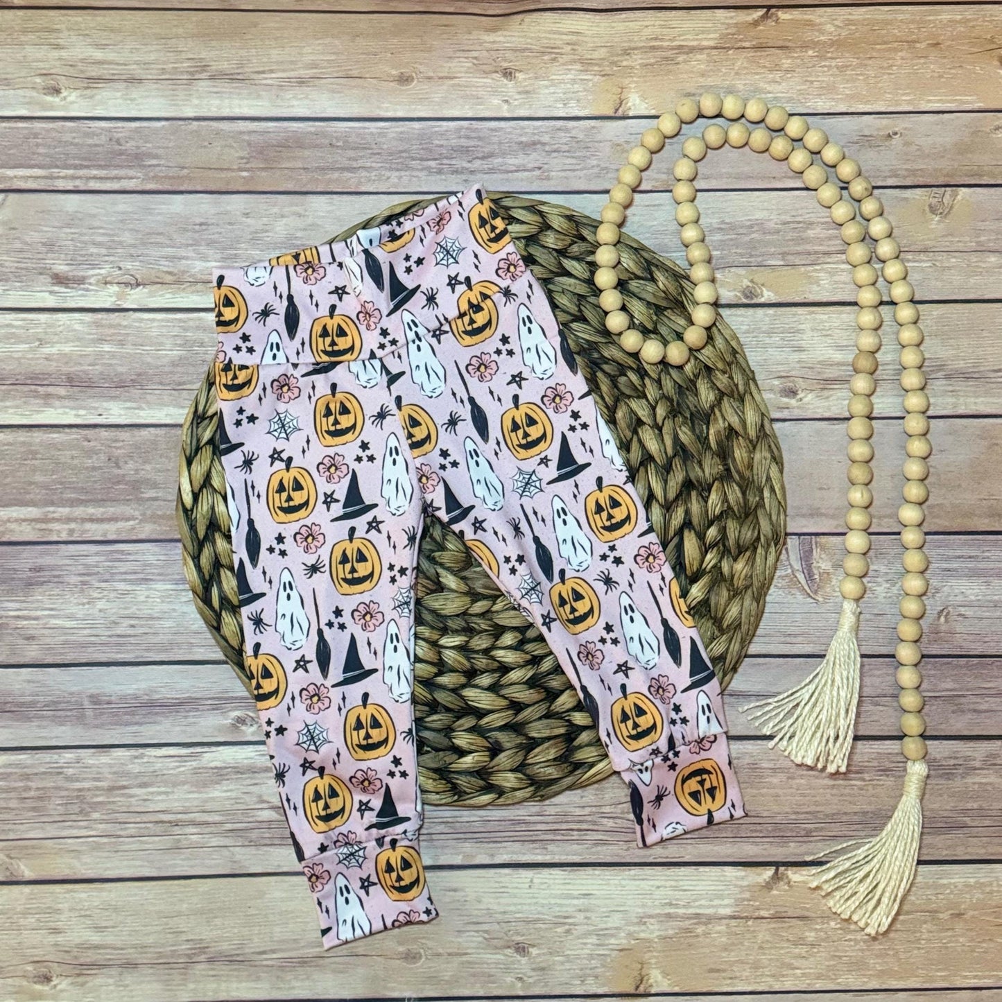 Girls Halloween Joggers: 9-12M Pink Baby Leggings with Pumpkins and Ghosts