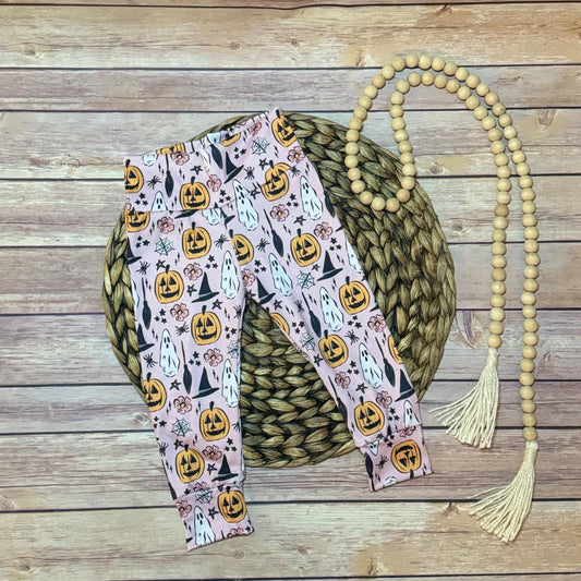 Girls Halloween Joggers: 9-12M Pink Baby Leggings with Pumpkins and Ghosts