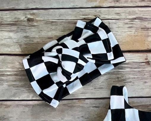 Girls Black & White Checkered Romper, raceflag Jumper