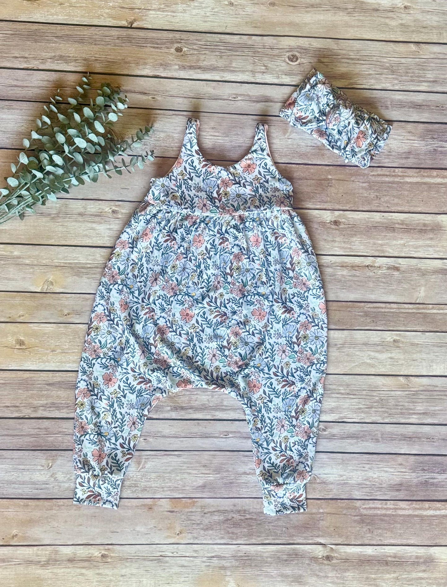 Floral Baby Romper: blue and yellow one piece outfit, baby girl jumpsuit