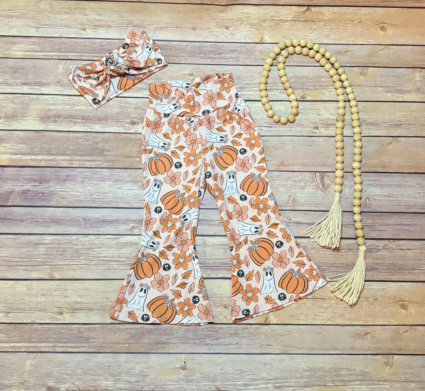 Girls Fall Bell Bottoms: Pumpkin Ghost Floral Flared Leggings