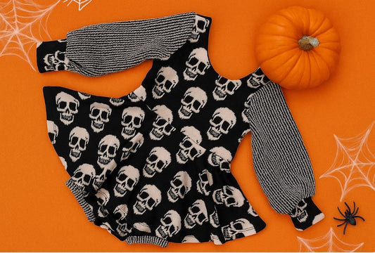 Skull Baby Romper: Black Skirted Romper with Striped Sleeves