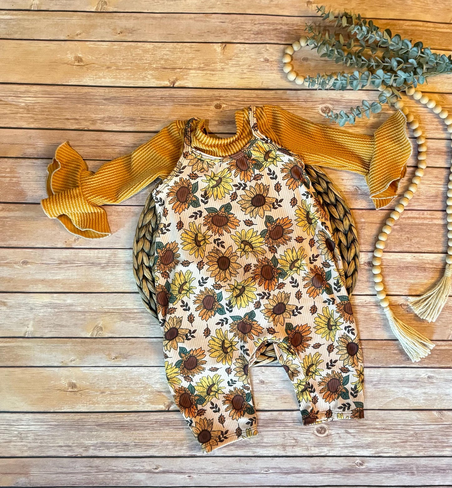 Golden Ribbed Ruffle Sleeve Baby Bodysuit: Boho Fall Outfit