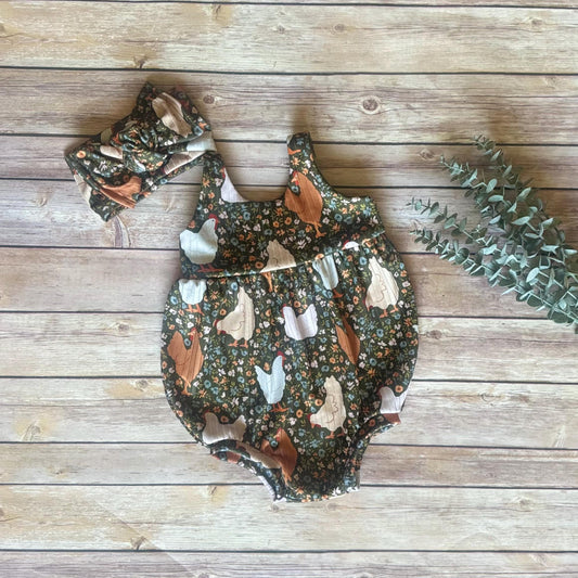 Chicken Baby Bubble Romper:  Farm Jumpsuit, birthday outfit