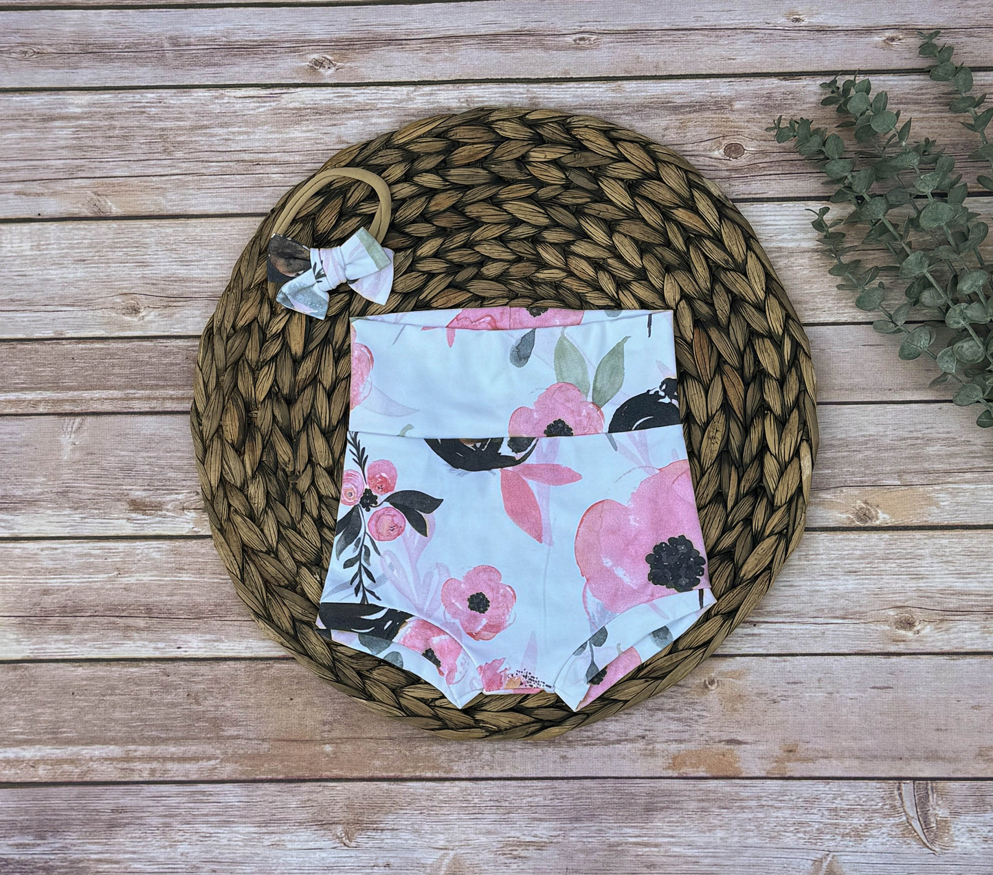 Baby Girl Bummies Set: Pink Poppy Diaper Cover, Headband Bow
