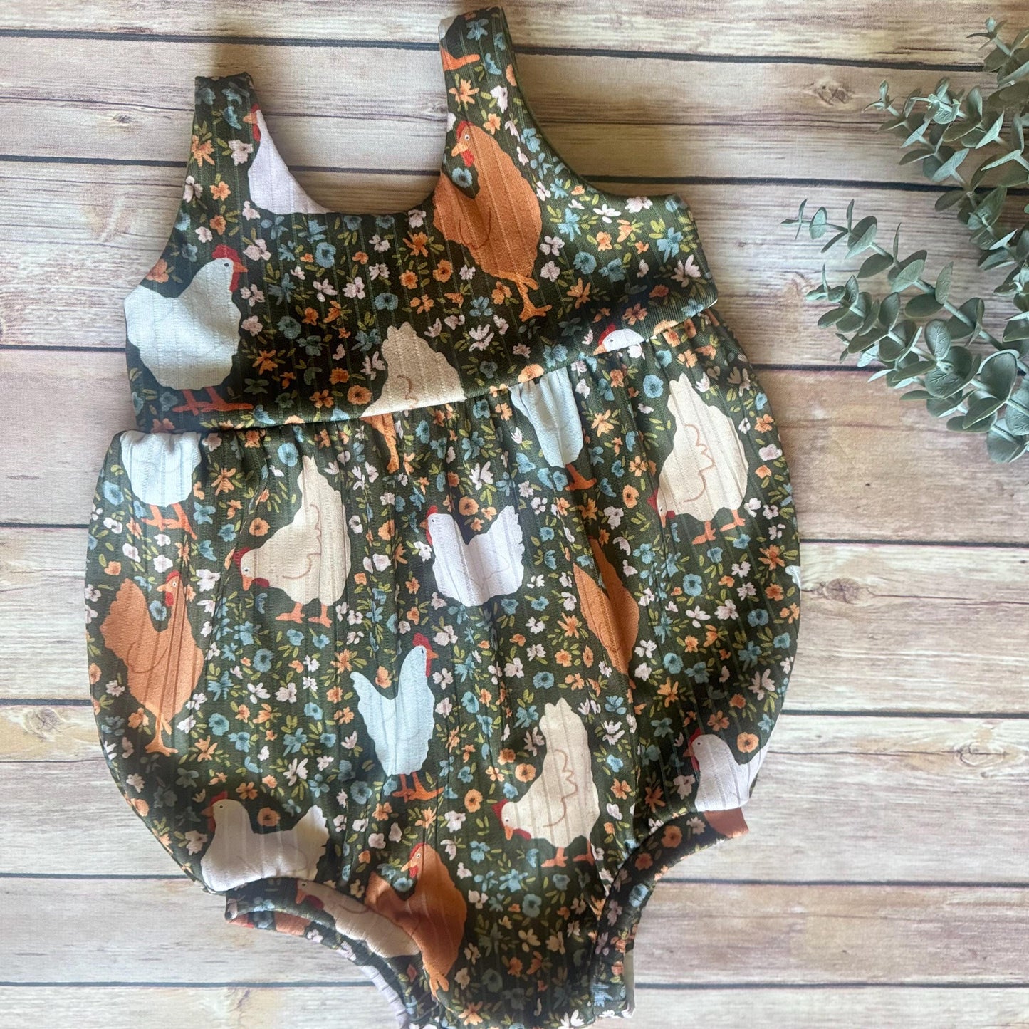 Chicken Baby Bubble Romper:  Farm Jumpsuit, birthday outfit