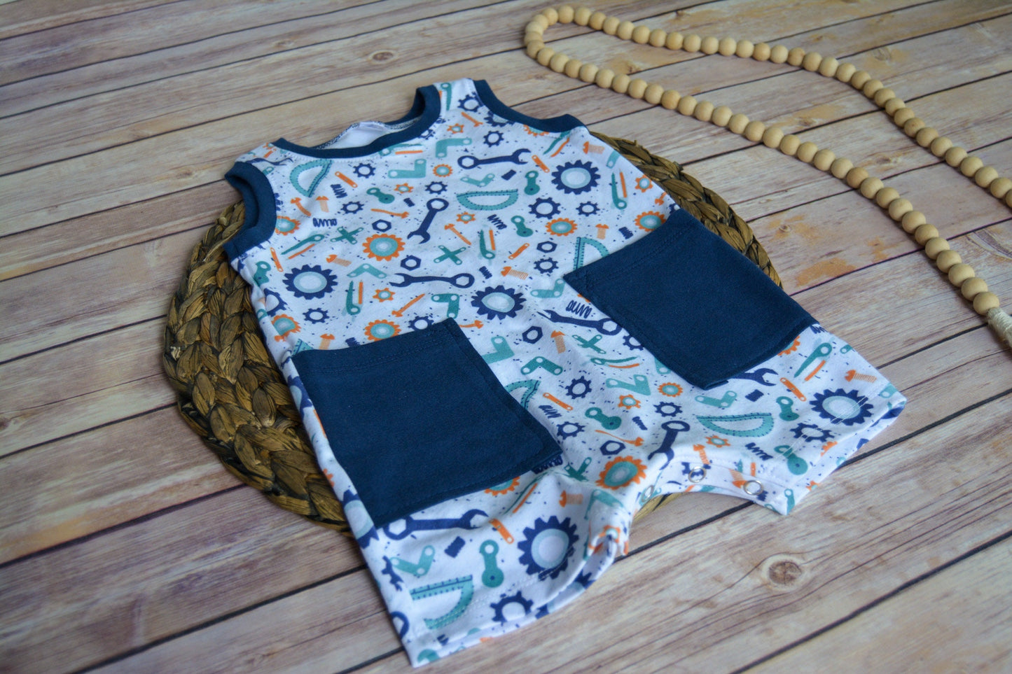 9-12 Month Baby Tool Print Romper – Sleeveless Mechanic Outfit