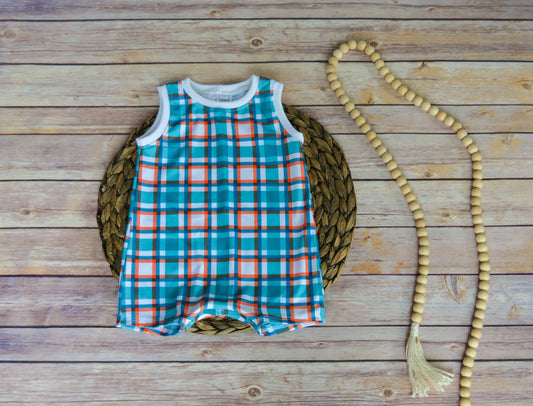 Plaid Tank Romper: Turquoise & Orange Summer Jumper