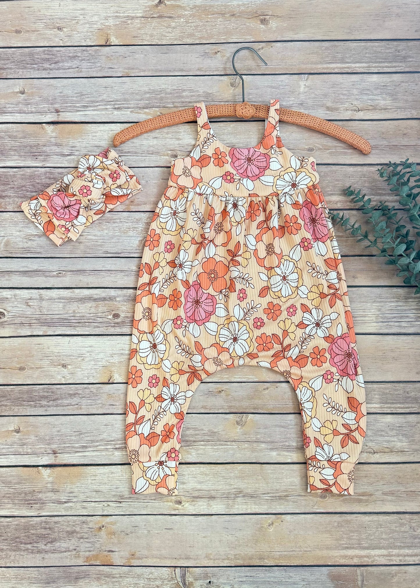 Groovy Floral Baby Romper, Rib Knit Jumpsuit, Hippie Girl Outfit