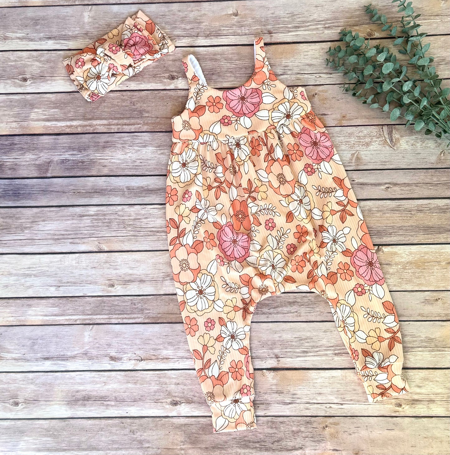 Groovy Floral Baby Romper, Rib Knit Jumpsuit, Hippie Girl Outfit