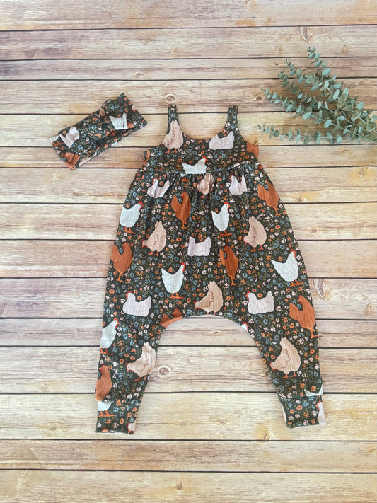 Chicken Floral Baby Romper: Boho one piece  Jumpsuit, birthday outfit, girls jumper