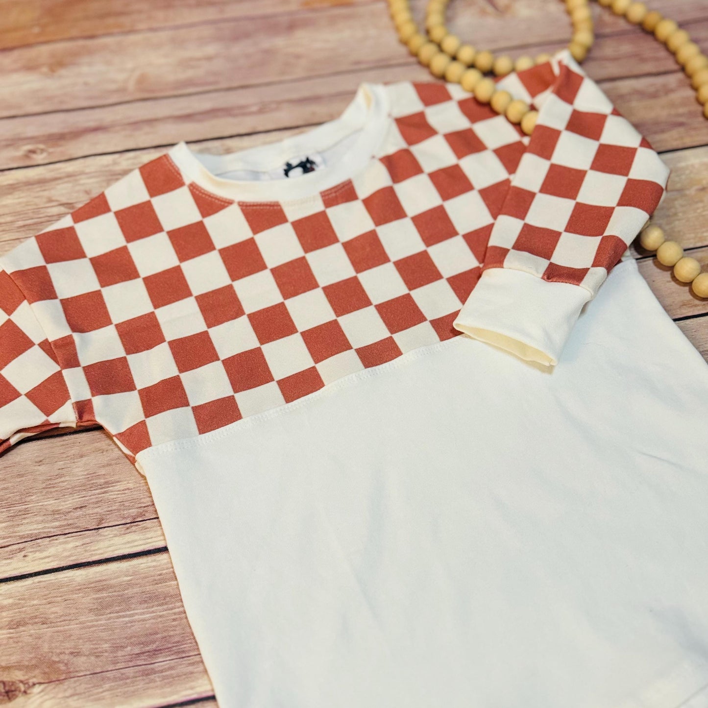 Checkered Baby Pullover: Brown & Ivory Long Sleeve Tee