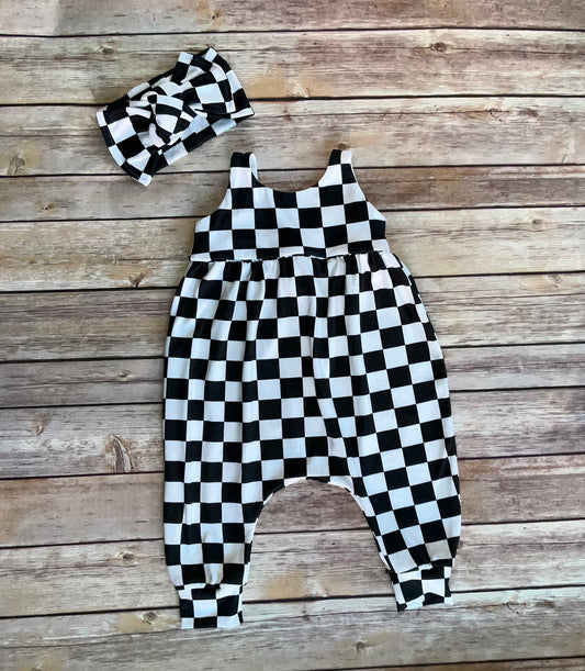 Girls Black & White Checkered Romper, raceflag Jumper