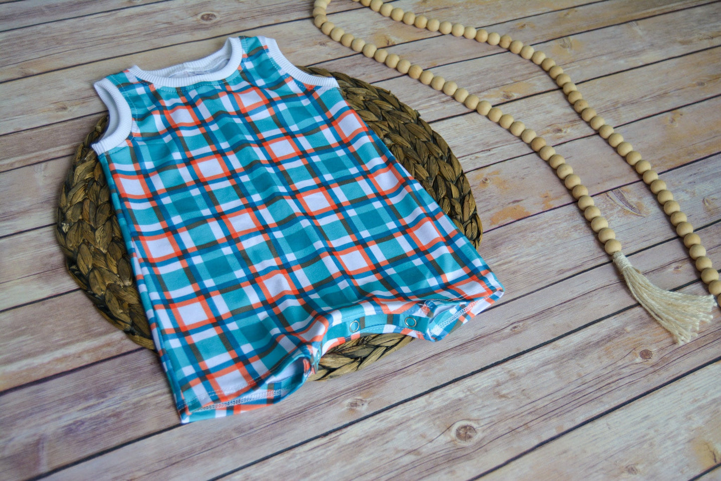 Plaid Tank Romper: Turquoise & Orange Summer Jumper