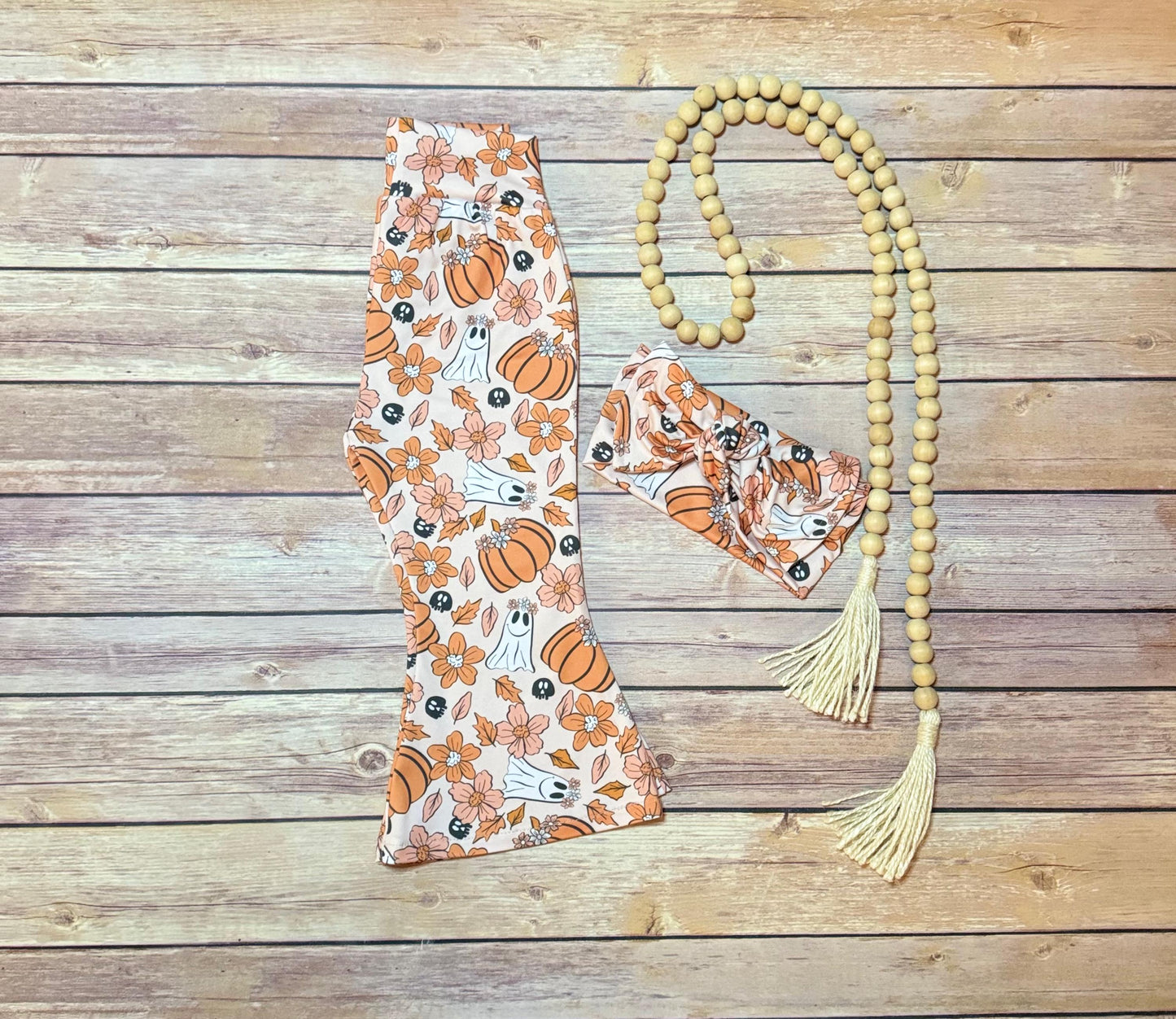 Girls Fall Bell Bottoms: Pumpkin Ghost Floral Flared Leggings