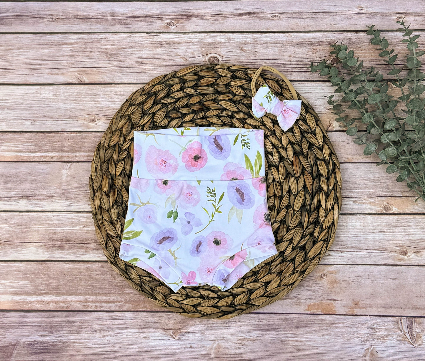 Floral Baby Bummies with Headband: Handmade Cotton Lycra Shorties