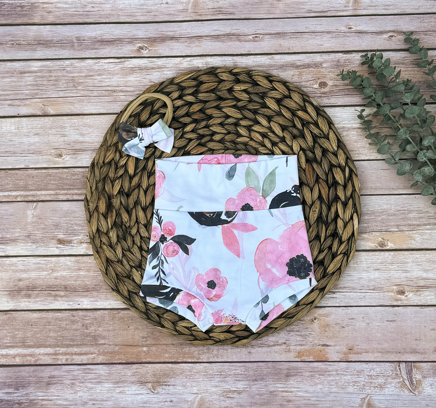 Baby Girl Bummies Set: Pink Poppy Diaper Cover, Headband Bow