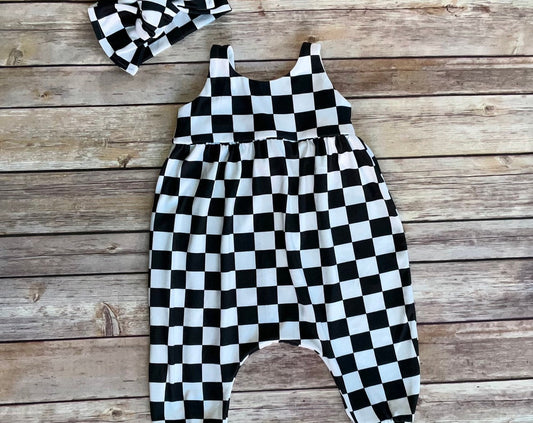 Girls Black & White Checkered Romper