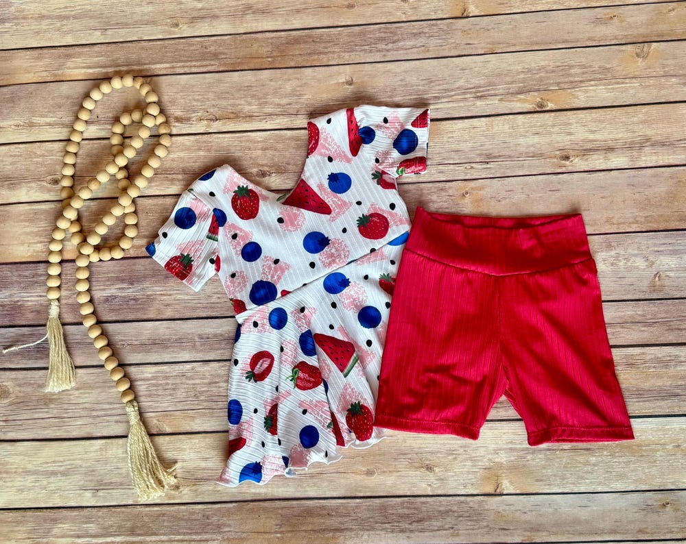 Mixed Berry Peplum Top & Biker Shorts Set