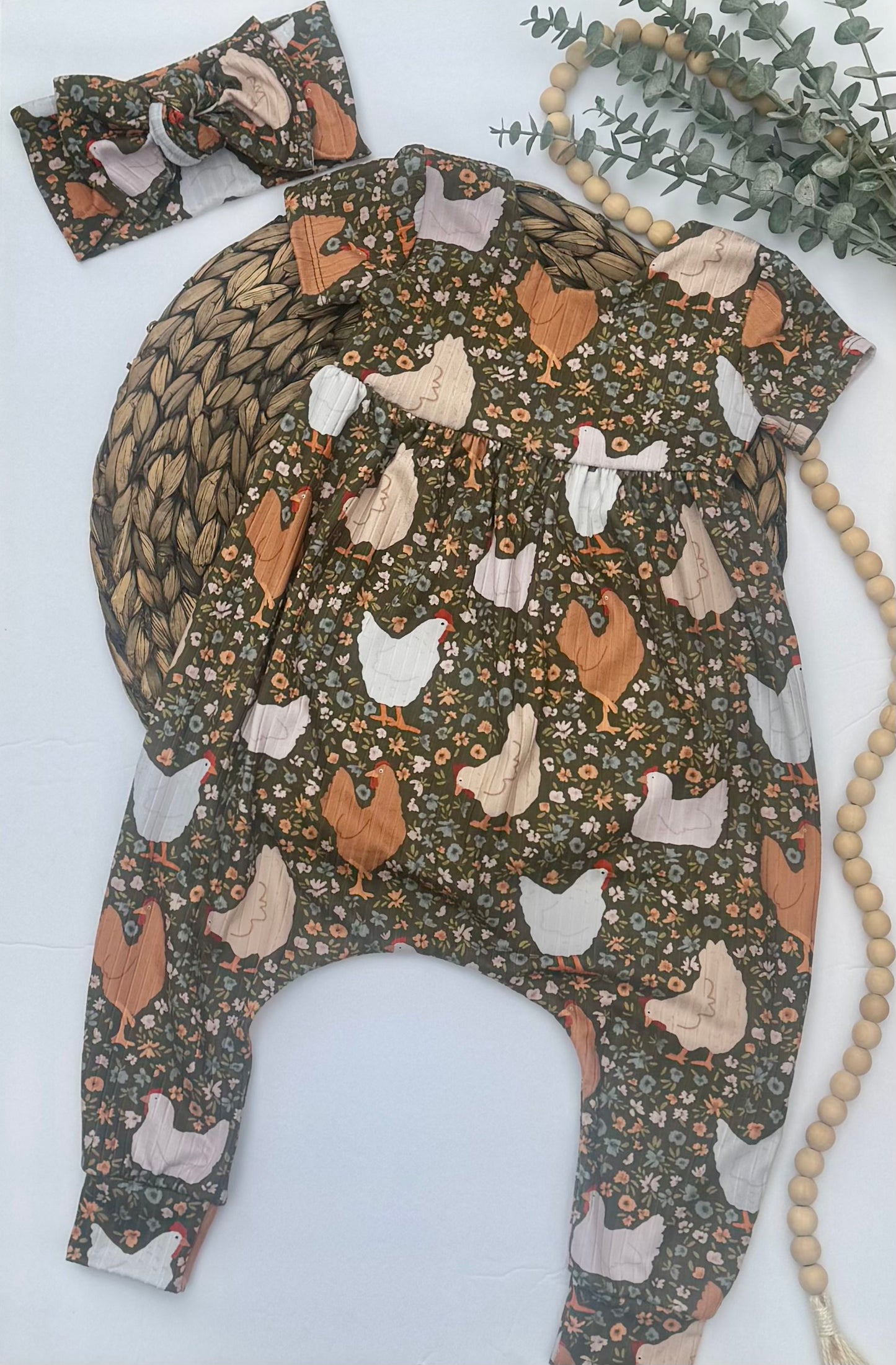 Chicken Floral Baby Romper: Boho one piece  Jumpsuit, birthday outfit, girls jumper